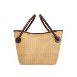LEATHER-TRIMMED RAFFIA BUCKET BAG