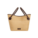 LEATHER-TRIMMED RAFFIA BUCKET BAG