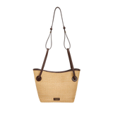 LEATHER-TRIMMED RAFFIA BUCKET BAG