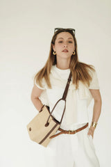 LEATHER-TRIMMED RAFFIA BUCKET BAG