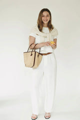 LEATHER-TRIMMED RAFFIA BUCKET BAG