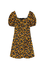 RETRO FLORAL SKIRT PUFF SLEEVE DRESS