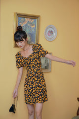 RETRO FLORAL SKIRT PUFF SLEEVE DRESS