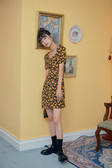 RETRO FLORAL SKIRT PUFF SLEEVE DRESS