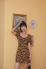 RETRO FLORAL SKIRT PUFF SLEEVE DRESS
