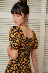 RETRO FLORAL SKIRT PUFF SLEEVE DRESS