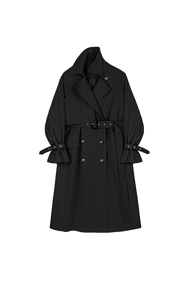 LACE-UP WAIST DOUBLE BREASTED KNEE LENGTH COAT