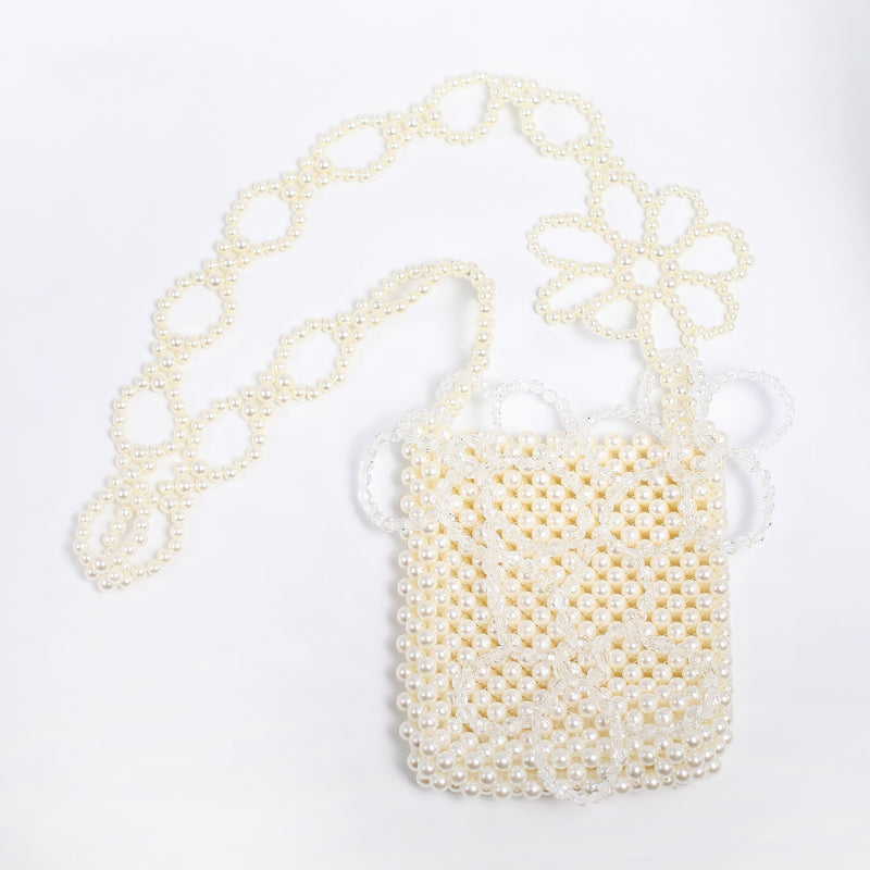 WHITE PEARL BEADED FLOWER CROSSBODY BAG (TWO COLORS)