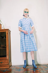 LIGHT BLUE TARTAN DRESS WITH HALF-SLEEVE