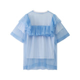 BLUE T-SHIRT WITH RUFFLED GRENADINE