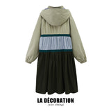 TRI-COLOR PATCHWORK HOODED OUTDOOR LONG TRENCH COAT