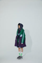 TRI-COLOR PATCHWORK HOODED OUTDOOR LONG TRENCH COAT