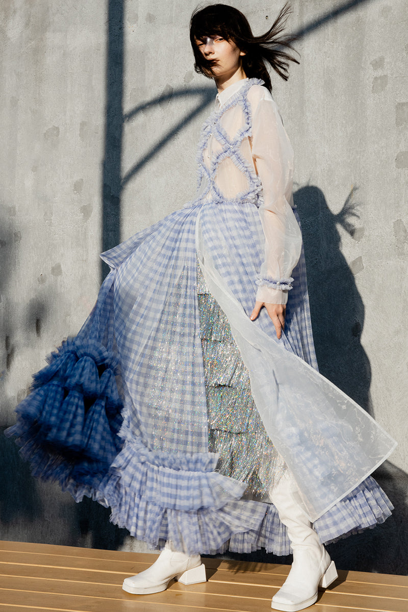 plaid mesh dress #PREORDER# BLUE PLAID MESH DRESS