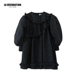 MULTI-LAYERED RUFFLE-TRIMMED BUBBLE-SLEEVED DRESS