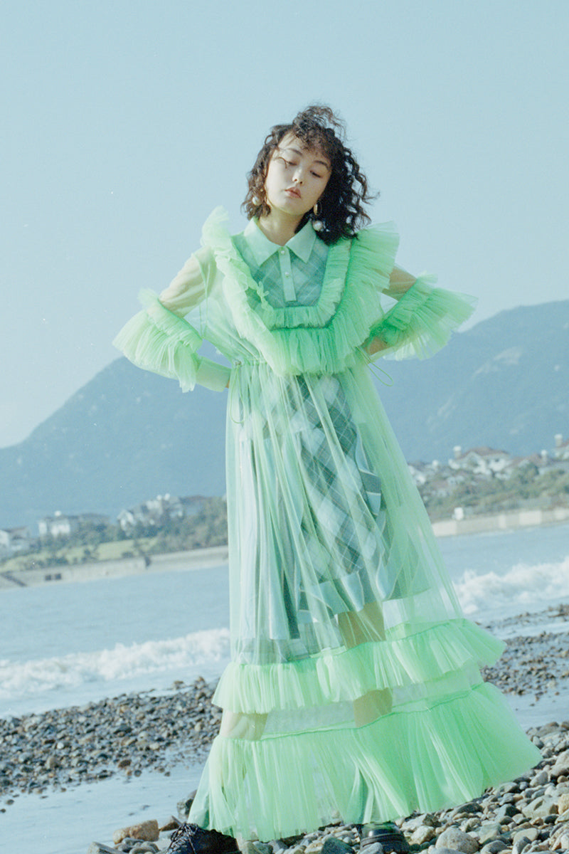 PREORDER# FLUORESCENT GREEN GAUZE MULTI-LAYERED LACE TRIMMED DRESS – NO  STOCK PARIS
