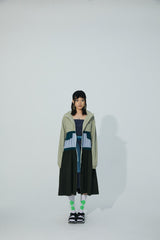 TRI-COLOR PATCHWORK HOODED OUTDOOR LONG TRENCH COAT