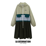 TRI-COLOR PATCHWORK HOODED OUTDOOR LONG TRENCH COAT