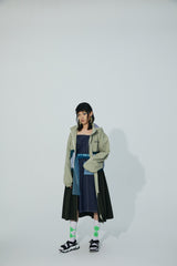 TRI-COLOR PATCHWORK HOODED OUTDOOR LONG TRENCH COAT