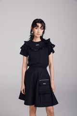 BLACK/WHITE T-SHIRT WITH RUFFLES
