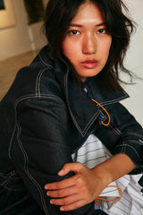 DENIM WINDBREAKER WITH WHITE THREAD DECORATIVE