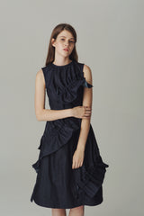DENIM DRESS WITH FULL BODY RUFFLES