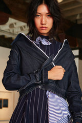 STRIPED DRESS WITH NECKLINE EMBELLISHED