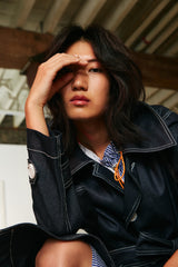 DENIM WINDBREAKER WITH WHITE THREAD DECORATIVE