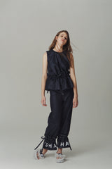 DENIM SLEEVELESS TOP WITH PLEATED WAIST