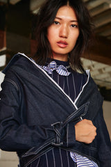 STRIPED DRESS WITH NECKLINE EMBELLISHED