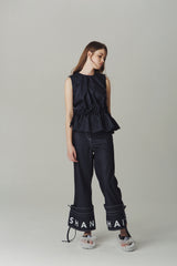 DENIM SLEEVELESS TOP WITH PLEATED WAIST