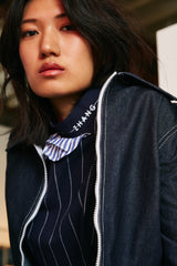 STRIPED DRESS WITH NECKLINE EMBELLISHED