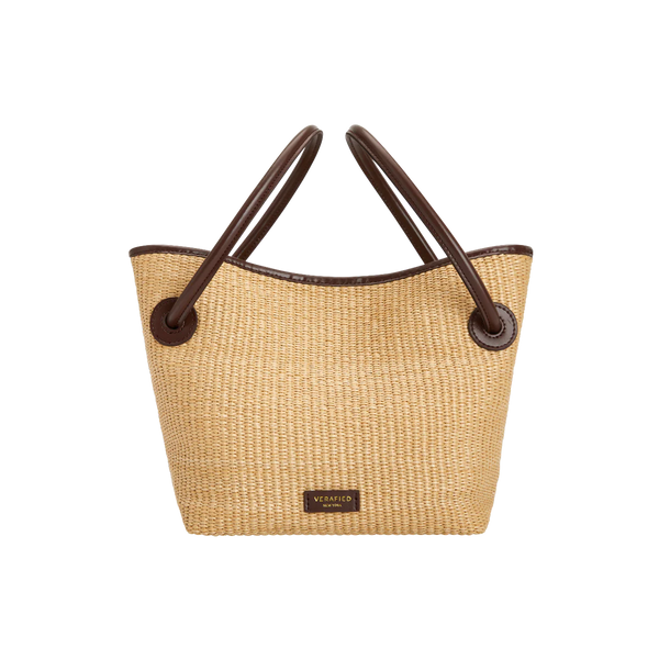 LEATHER-TRIMMED RAFFIA BUCKET BAG