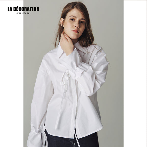 WHITE COTTON SHIRT WITH DRAWSTRING CUFFS