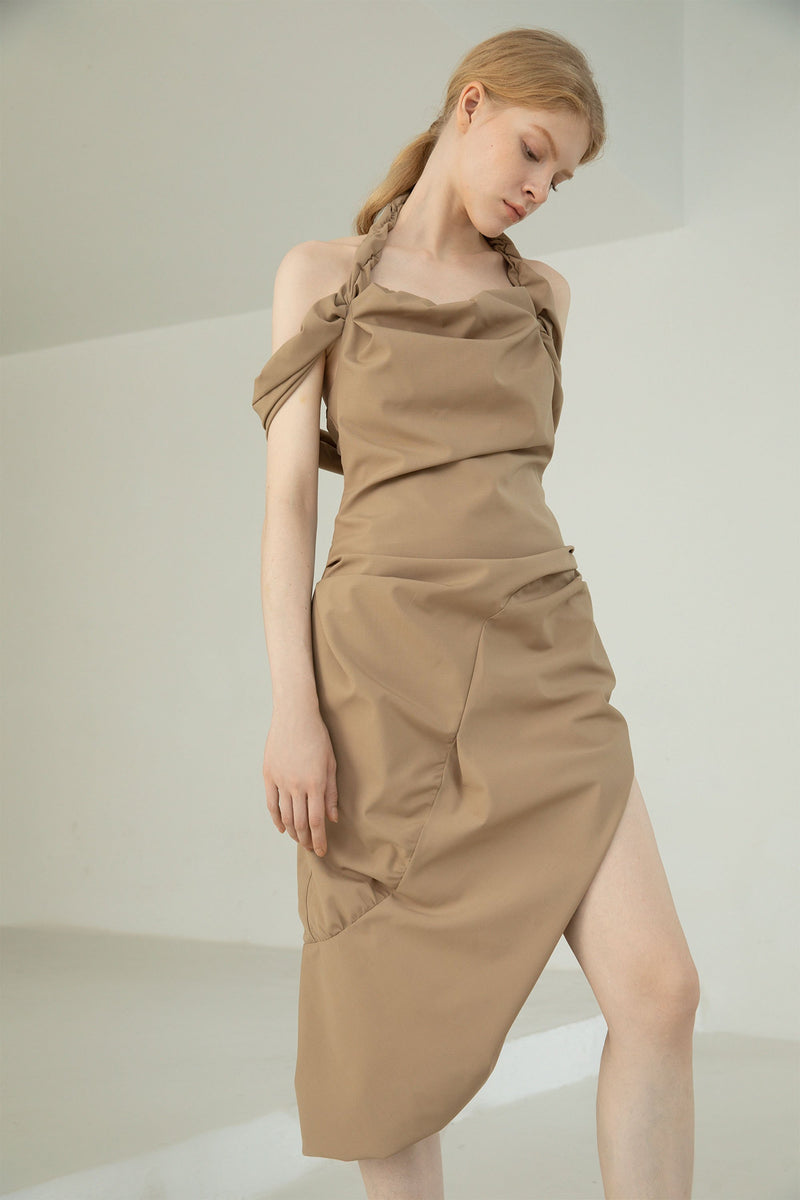 KHAKI HALTER DRESS