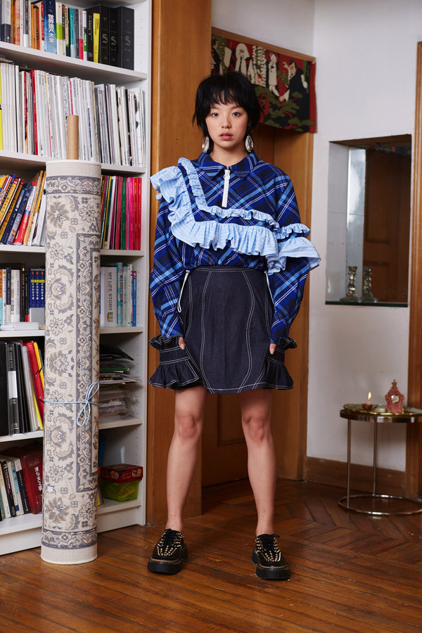 BLUE TARTAN SHIRT WITH SOLID LIGHT BLUE RUFFLES