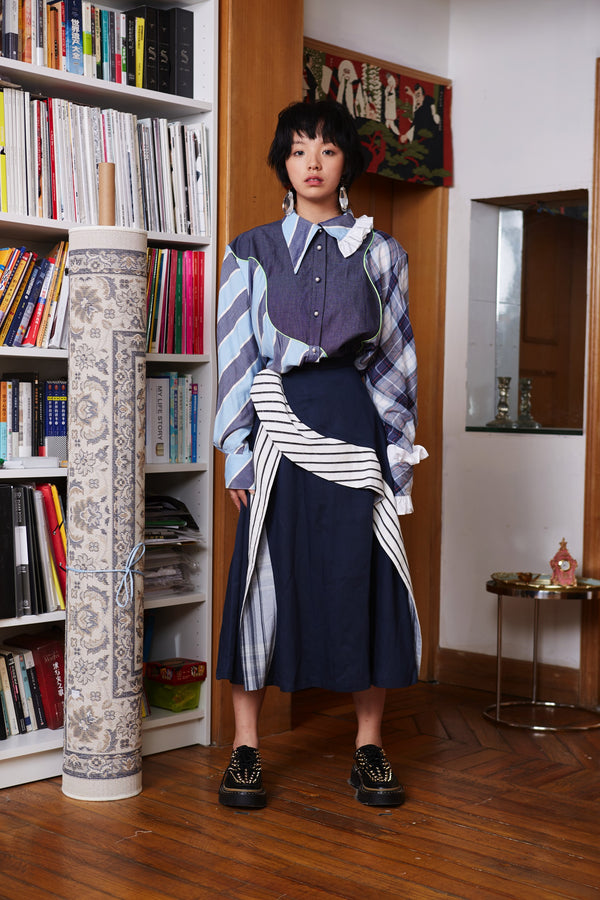STRIPED RUFFLED MIDDY SKIRT