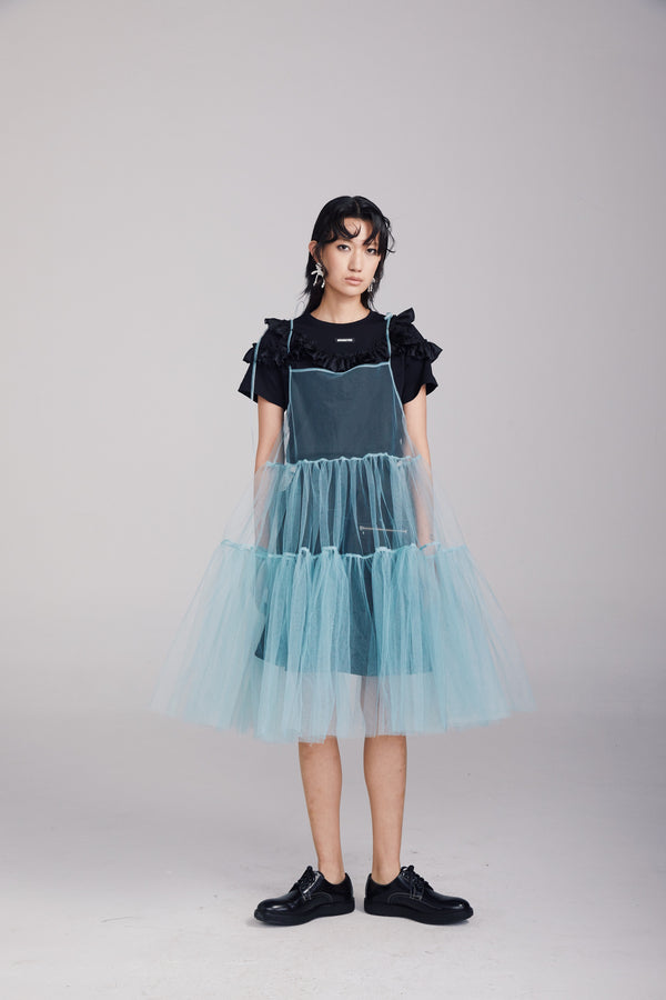 RUFFLE-TRIMMED GAUZE SUSPENDER DRESS