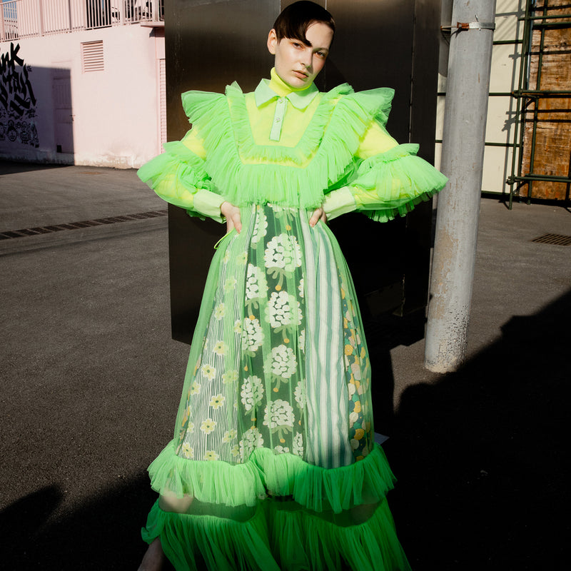 #PREORDER# FLUORESCENT GREEN GAUZE MULTI-LAYERED LACE TRIMMED DRESS