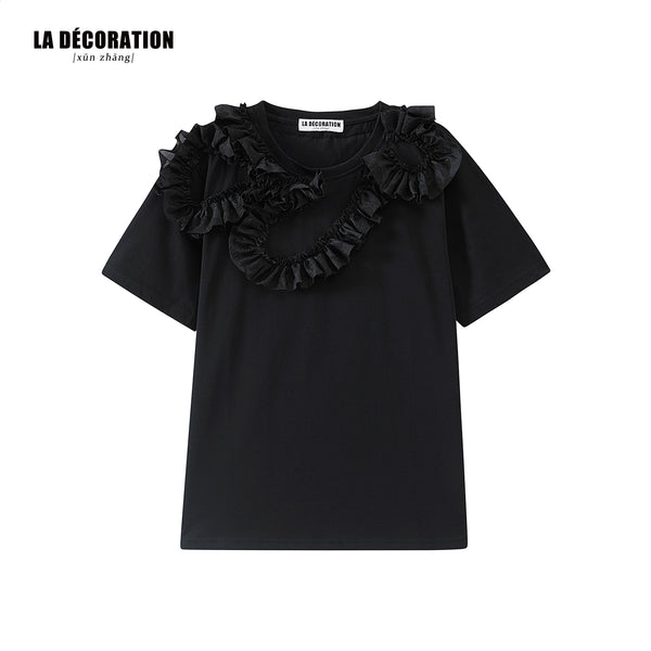 BLACK/WHITE T-SHIRT WITH RUFFLES