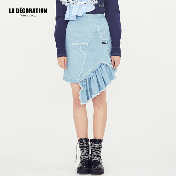 DENIM SKIRT WITH STAR AND RUFFLES