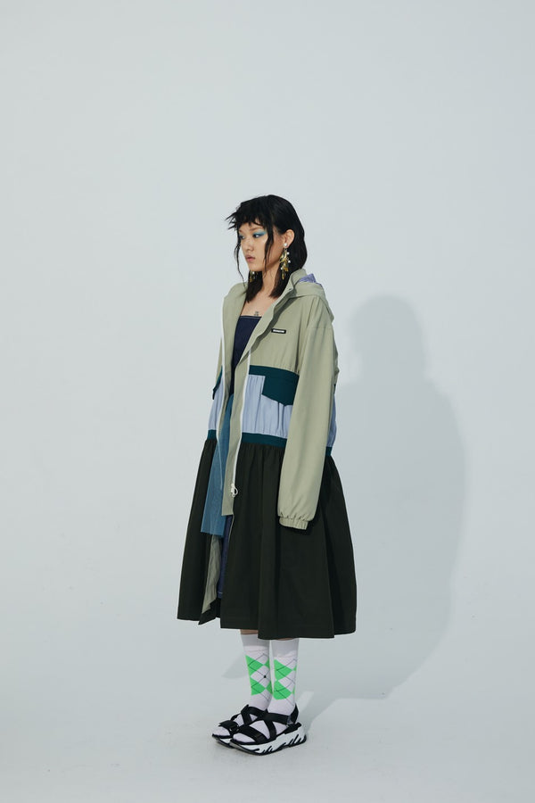 TRI-COLOR PATCHWORK HOODED OUTDOOR LONG TRENCH COAT