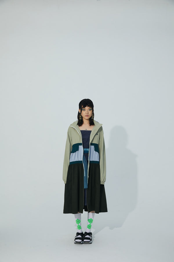 TRI-COLOR PATCHWORK HOODED OUTDOOR LONG TRENCH COAT