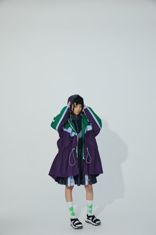 TRI-COLOR PATCHWORK HOODED OUTDOOR LONG TRENCH COAT