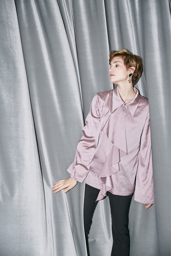 LONG SLEEVE SATIN SHIRT WITH RUFFLE COLLAR