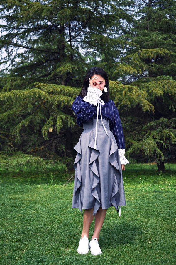 GRAY RUFFLED HIGH-WAIST FEMALE'S MID-LENGTH SKIRT