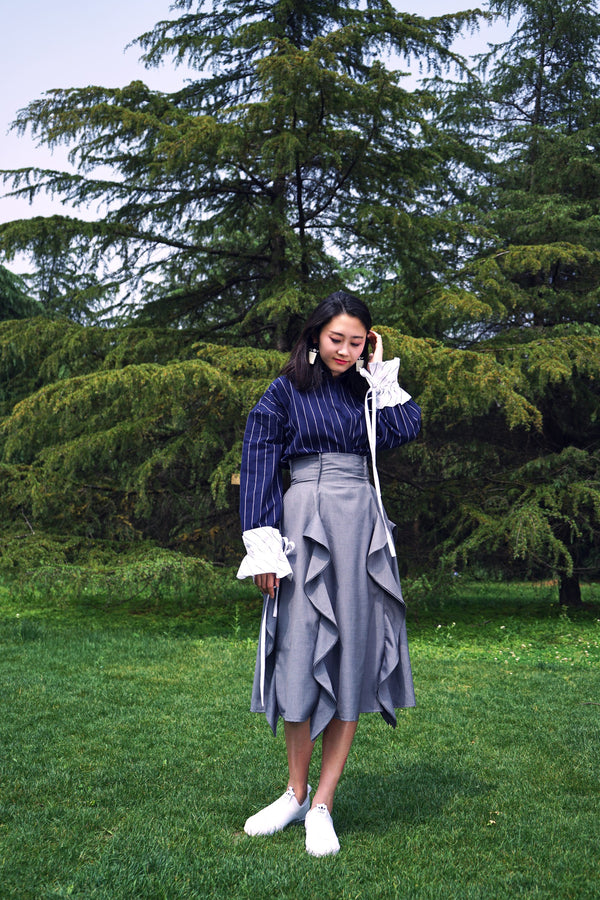 GRAY RUFFLED HIGH-WAIST FEMALE'S MID-LENGTH SKIRT