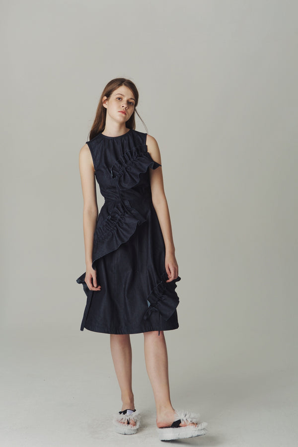 DENIM DRESS WITH FULL BODY RUFFLES